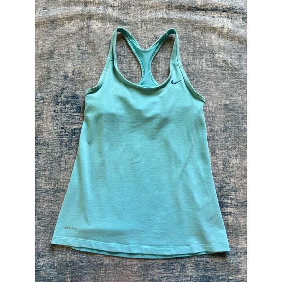 Nike Aquamarine Dri Fit Mesh Panel Racerback Tank w Built In Shelf Bra Small - Picture 1 of 5